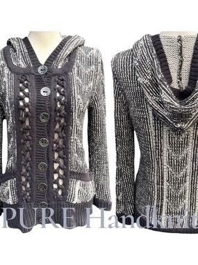 PURE Handknit Navy/Off White Cotton Hooded Cardigan Sweater (M/L)